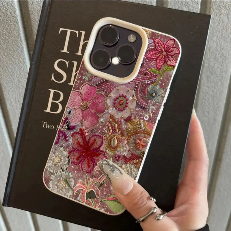 Floral Beaded Ocean Patchwork Phone Case for Samsung S26 S25 S24 S23 S22 S21 S20 Note20 Ultra Plus A73 A55 5G Silicone Cover