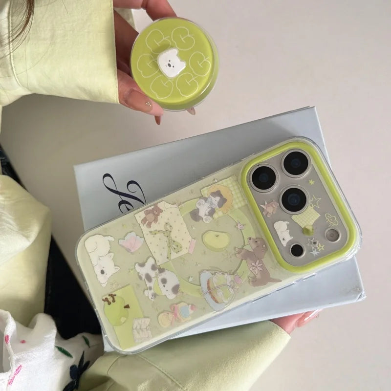 Korean Cute Puppy Magnetic Stand Phone Case For iPhone 17 Pro 14 15 16 Pro Max Cover with Magsafe Support Holder Kawaii Cases 17
