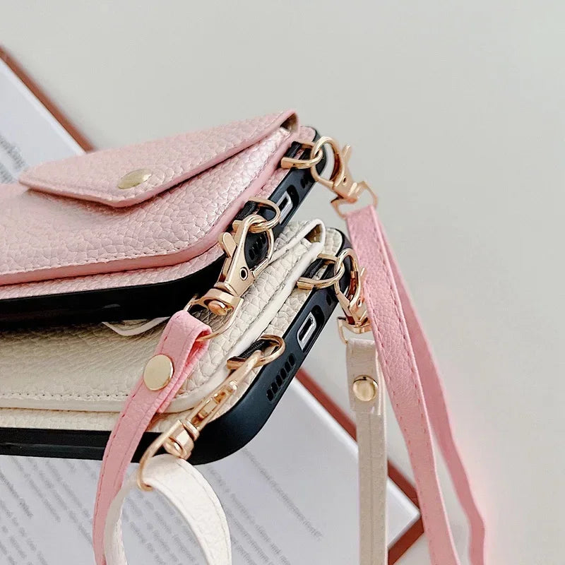 Lanyard Crossbody Strap Leather Phone Case for iPhone 17 Air 16 15 Plus 14 13 12 11 Pro Max  Wallet with Card Holder Cover