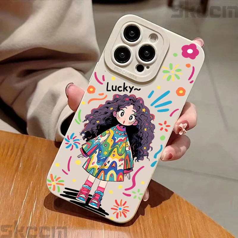 Cute Cartoon Little Girl Printed Silicone Phone Case For iPhone 16 Pro Max 15 14 13 12 11 7 8 Plus XR X XS 16E Soft Cover
