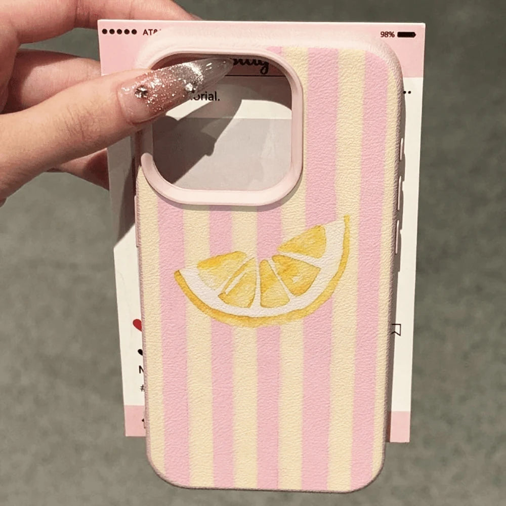 Fresh Lemon Striped Phone Case For iPhone 17 16 15 14 13 12 11 Pro Max For iPhone Air 16 15 14 Plus XR XS X Lychee Soft Cover