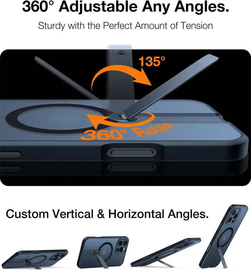 360 Hidden Metal Stand Magnetic Case for IPhone 17 Air 16 15 14 13 12 Pro Max Plus 16Pro 17Pro i17 Magsafe Mag Safe Phone Cover