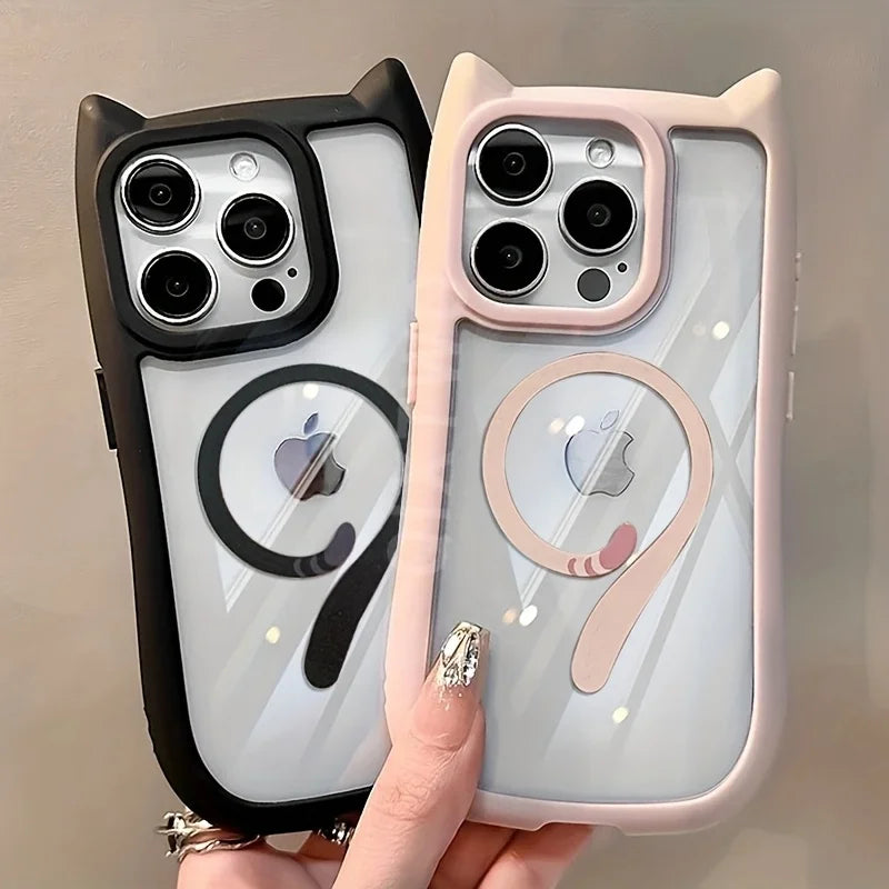 Magnetic Suction Cat Tail Transparent Frosted Case for iPhone 16 15 14 Plus 13 12 Mini 11 Pro Max Anti Fall Large Hole Cover