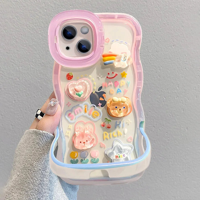 Cartoon 3D Bracket Phone Holder Case For iPhone 16 17 15 14 13 12 11 Pro Max Plus X XS XR Rainbow Love Heart Holder Stand Cover