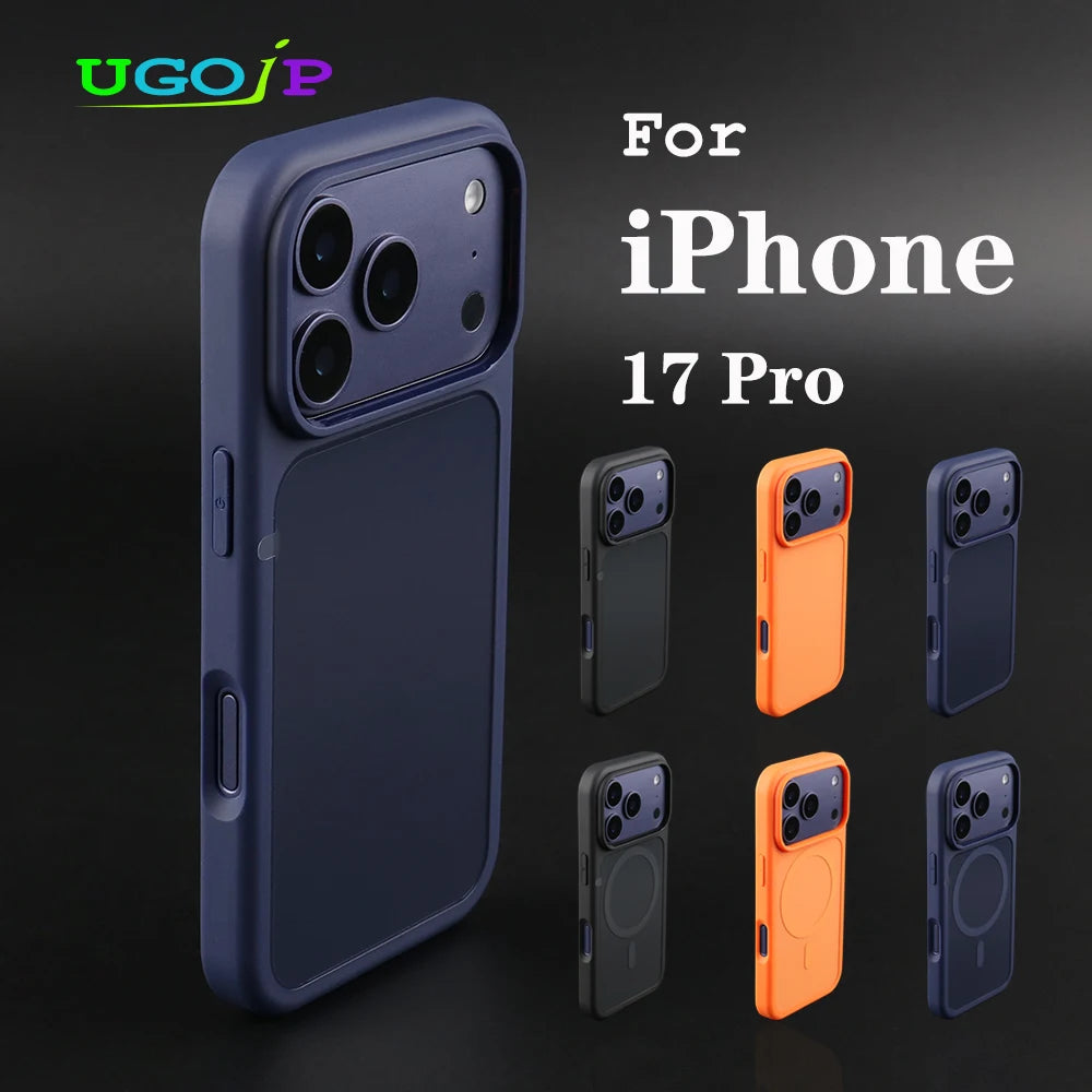 UGOjP For iPhone 17 Pro Case Men Solid Color Anti-drop Magnetic MagSafe Wireless Charging Phone Case Shockproof Protective Cover