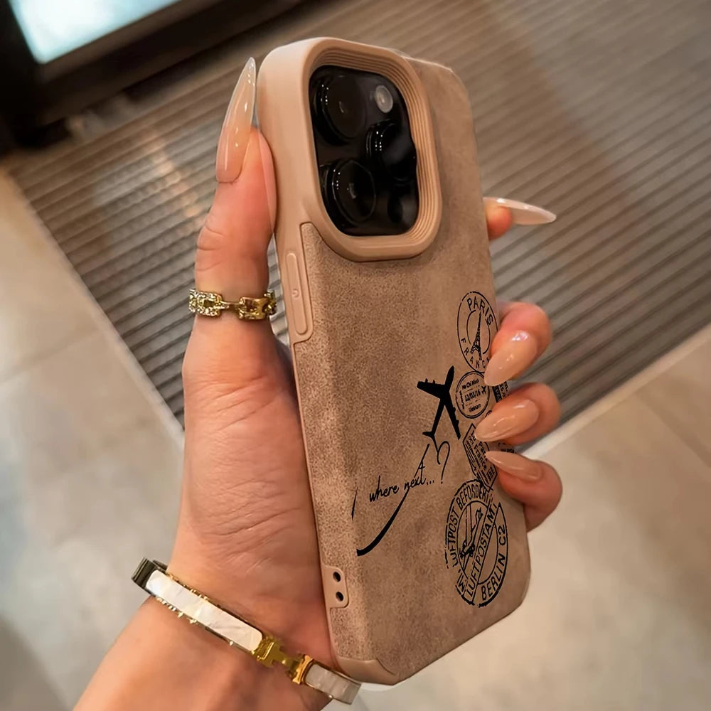 Airplane Stamp Faux Leather Phone Case For iPhone 17 16 15 14 13 12 11 Pro Max Plus X XR XS Air Shockproof Bumper Cases Cover