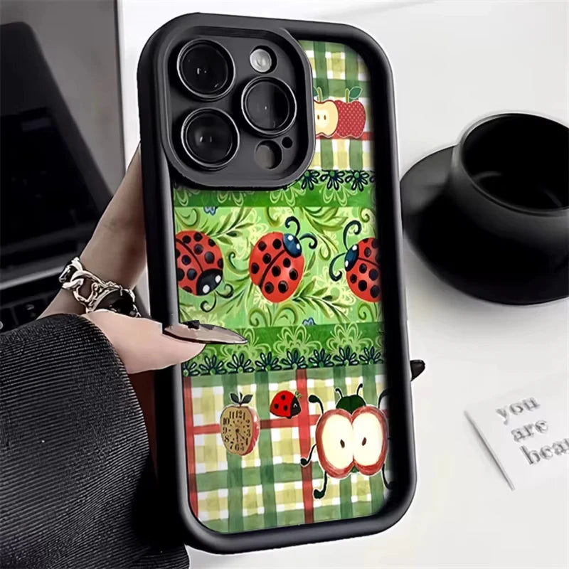Ladybug Flowers Pattern Phone Case For iPhone 17 16 15 14 13 12 11 Pro Max Plus 17 Air 16E XS X XR Shockproof Silicone Cover