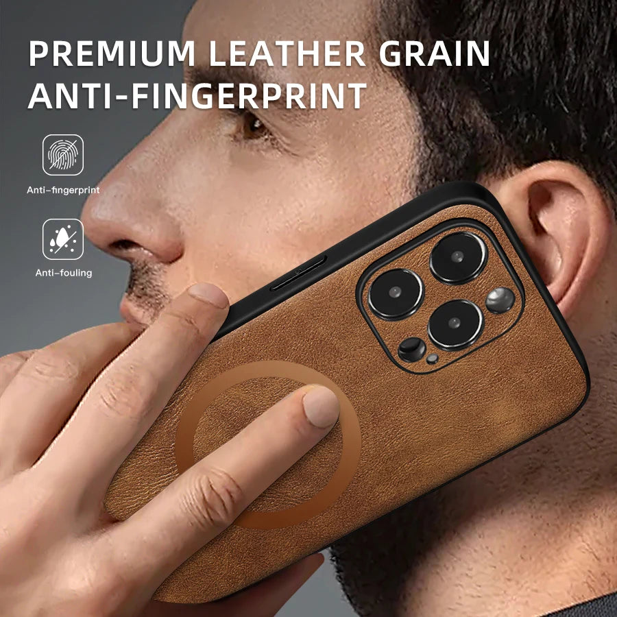 Classic Leather Phone Case For iPhone 16 11 12 13 15 17 Pro Max 16E 14 Plus 17 Air For Magsafe Magnetic Charging Protector Cover