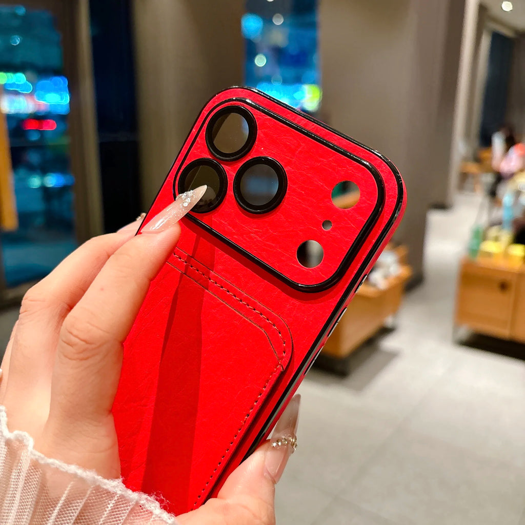Shockproof Uneven Leather Card Holder Case For iPhone 17 Pro Max 16 15 14 13, Slim Window View Built-in Camera Protection Cover