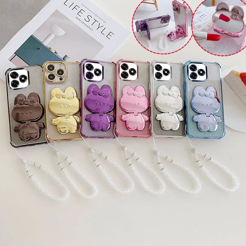 Luxury Shockproof Phone Case with Cute Rabbit Makeup Swivel Stand Crystal Lanyard For Honor X5c Plus X5b X6c X6a X6b Back Cover