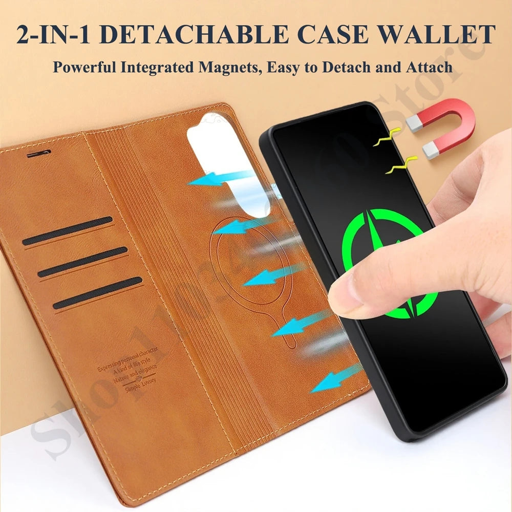 2 in 1 Leather Wallet Case For Samsung Galaxy S26 S25 Ultra S24 Plus S23 S26U S25U Wireless Charging Card Slots Phone Cover