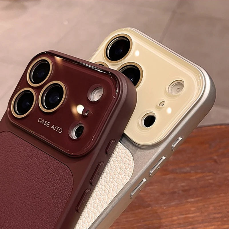 Luxury Litchi Leather Case for iPhone 17 16 15 14 Pro Max iPhone 13 Glass Large Window Shockproof Armor Bumper Plating Cover