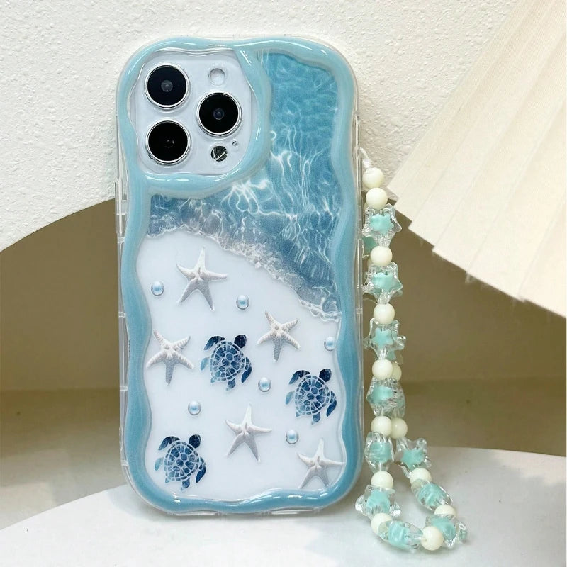 Fashion Wavy-edge Turtle Marine Elements Phone Case For iPhone 17 16 15 14 13 12 11 Pro Max 16E 17E Clear Bead String Soft Cover