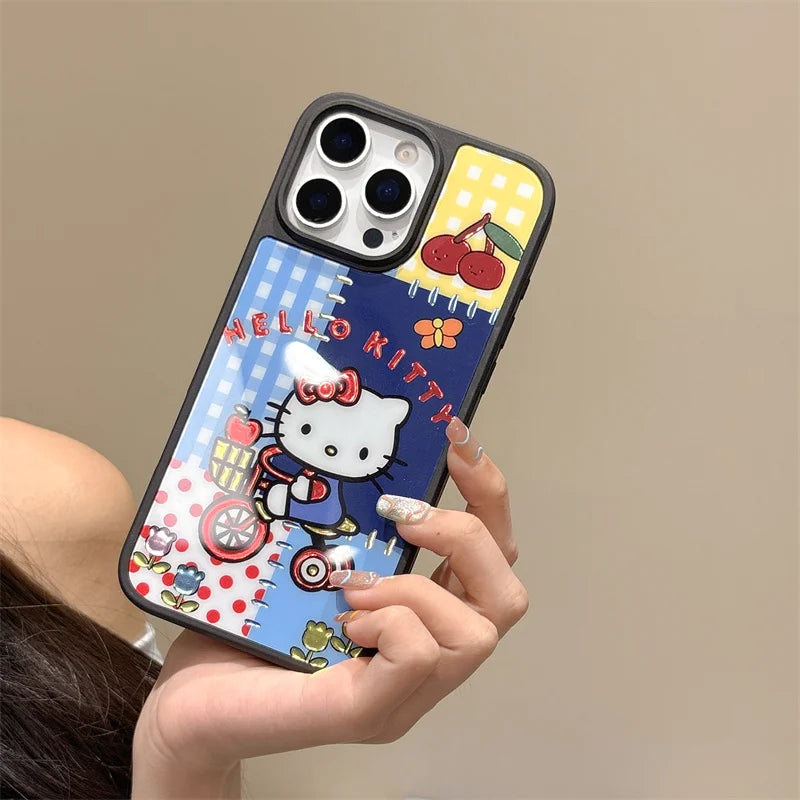 Hello Kitty Magnetic Case for iPhone 13 14 15 16 Pro Max with Popcorn & Bicycle Design, Metallic Glitter Shockproof Phone Cover