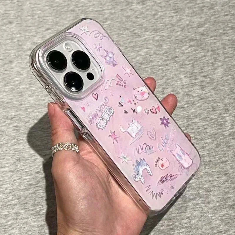 Frosted graffiti cat phone case comes with lace pendant for iPhone 11 12 13 14 15 16 Pro Max