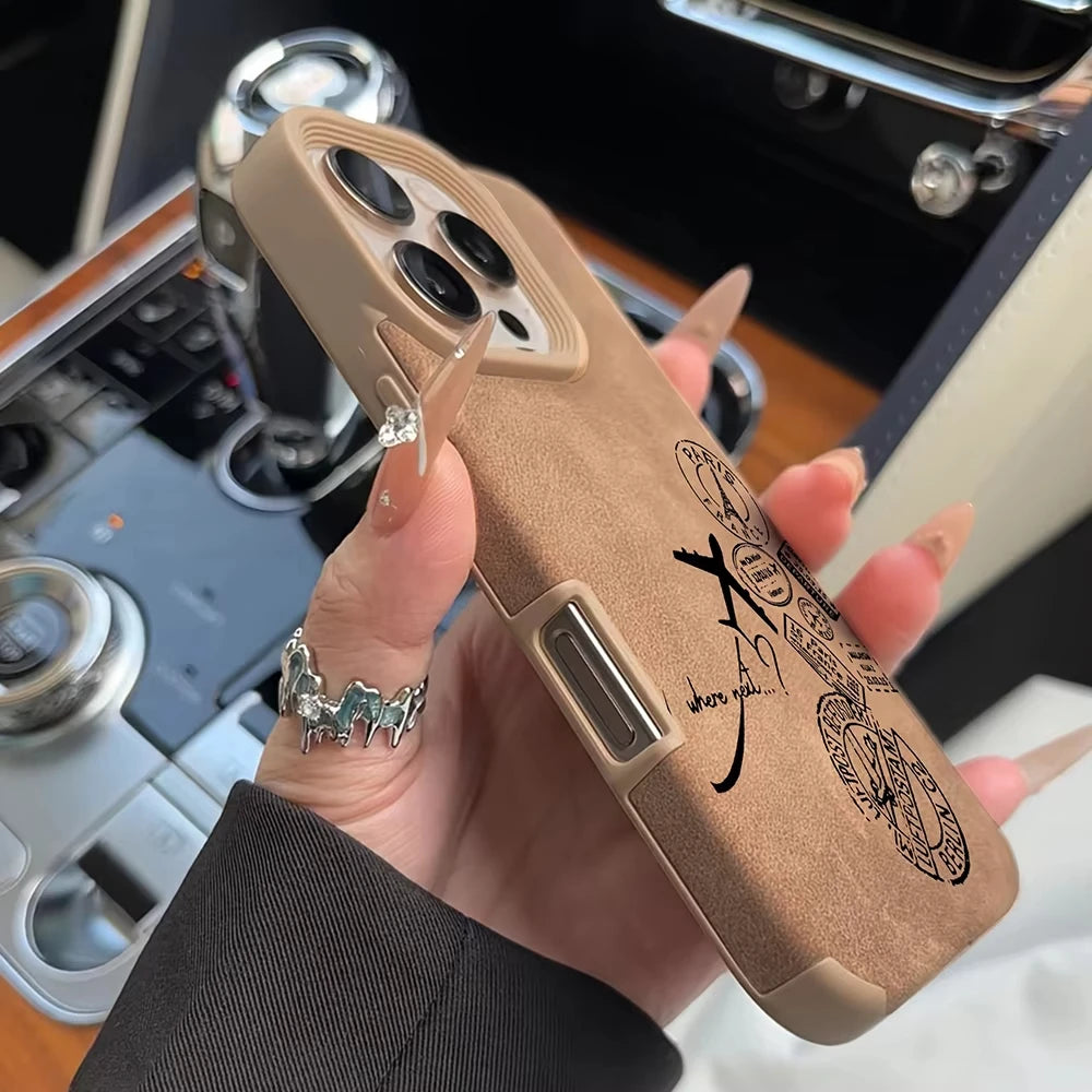 Airplane Stamp Faux Leather Phone Case For iPhone 17 16 15 14 13 12 11 Pro Max Plus X XR XS Air Shockproof Bumper Cases Cover