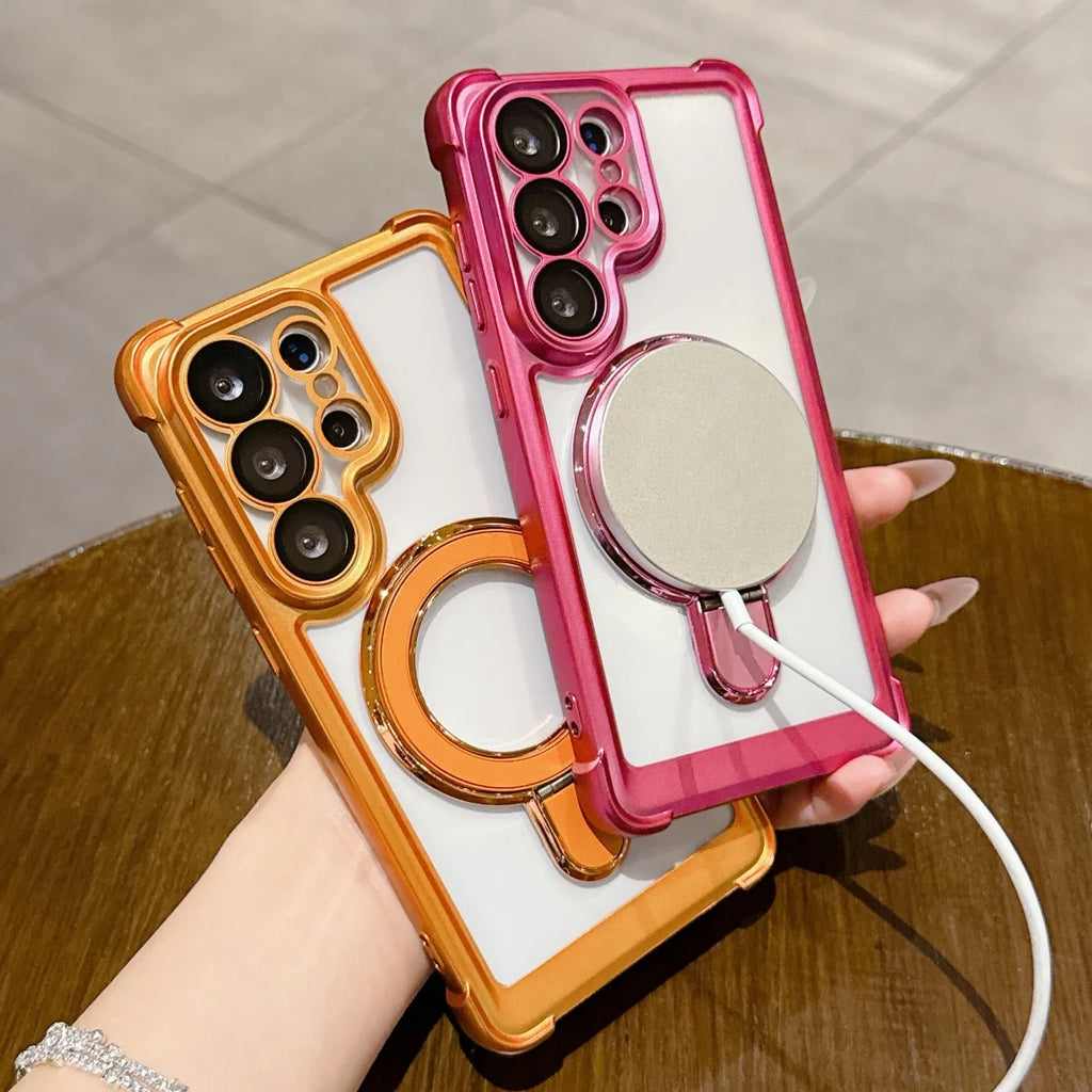 Luxury Anti-fall Matte Plating For Magsafe Magnetic Bracket Phone Case For Samsung S26 S25 S24 FE S23 Ultra Plus Bumper Cover