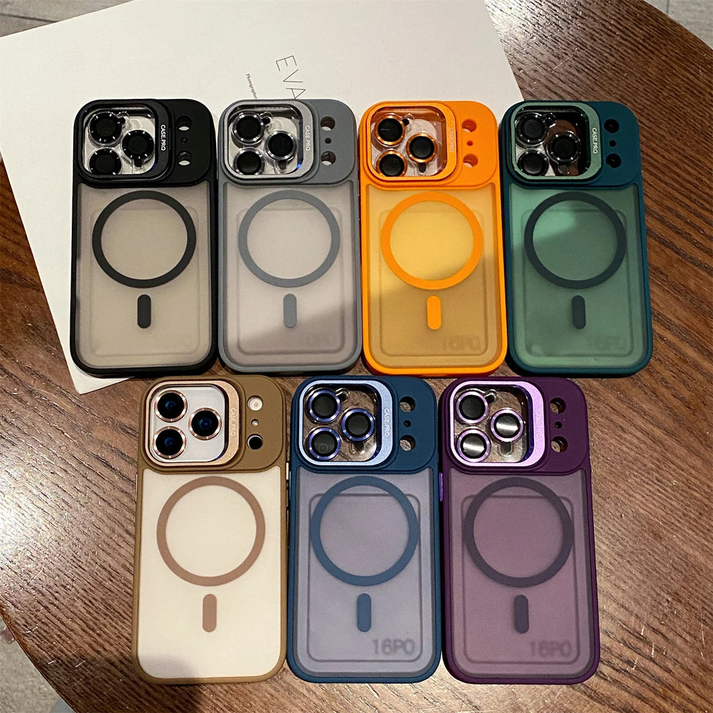 Luxury Matte Magsafe Magnetic With Lens film bracket Phone Case For iPhone 11 12 13 14 15 16 17 Air ProMax Hard PC Bumper Cover