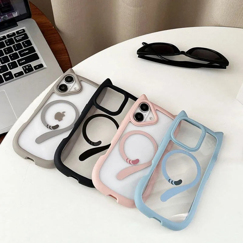 Cat's Ears Shockproof Transparent Phone Case for IPhone 17 16 15 14 13 12 Pro Max Protective Clear Protection Back Cover