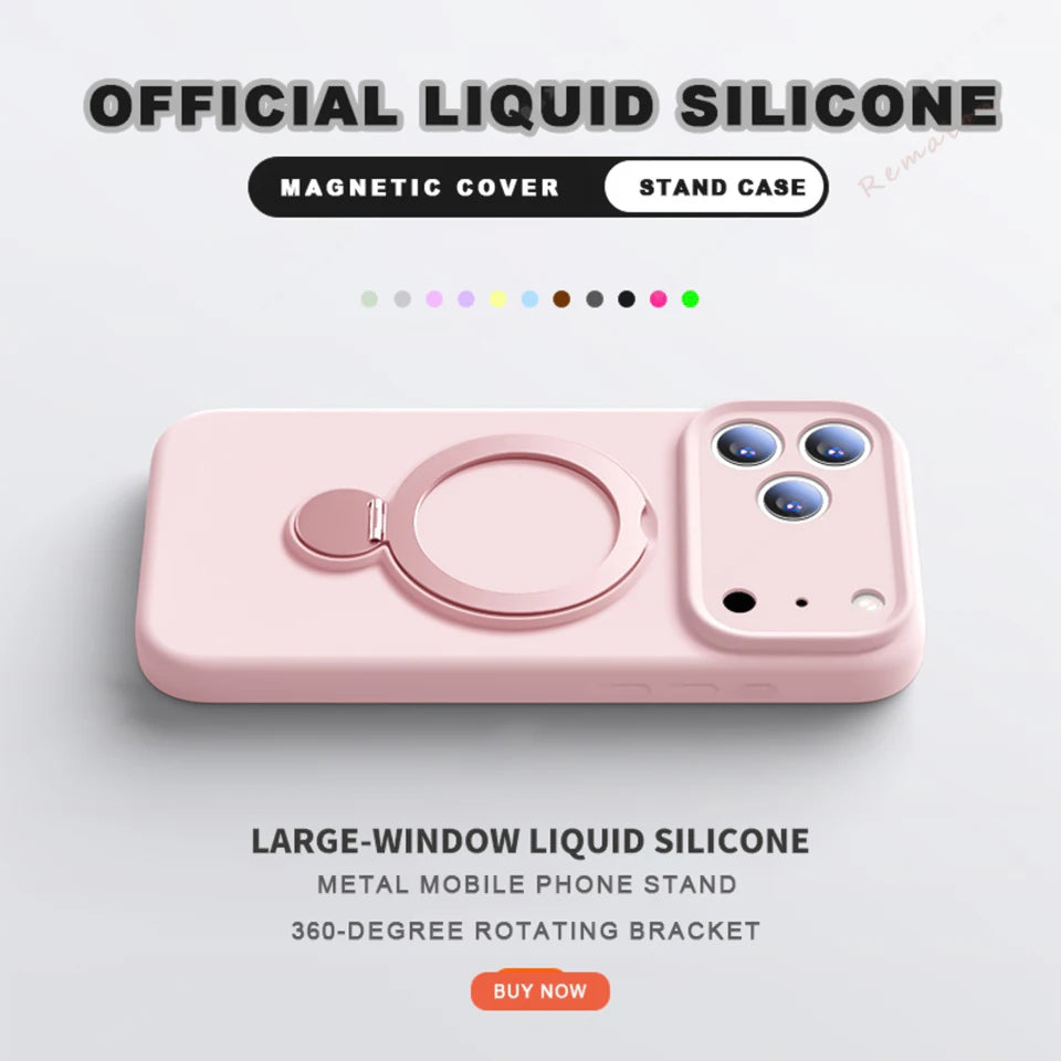 For Magsafe Liquid Silicone Phone Case For iPhone 17 Pro Max Air 15 14 Plus 11 13 12 16 Pro Magnetic Ring Stand Protection Cover