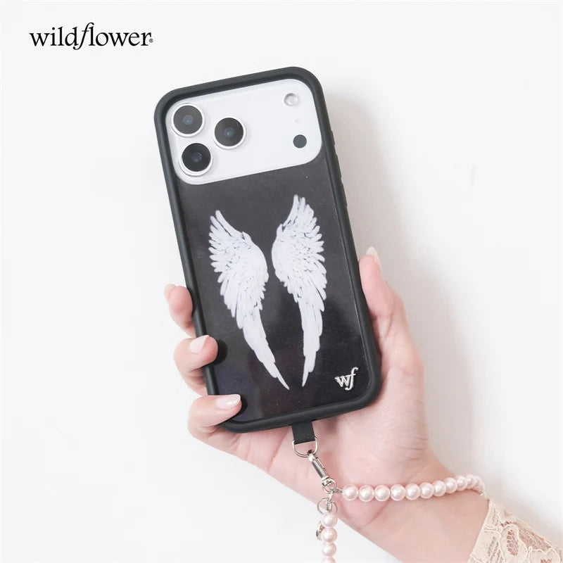 Wildflower INS Angel Baby Black Phone Case for iPhone 11 12 13 14 15 16 17 Pro Max Plus WF fashion Pink Wings shockproof Cover﻿﻿