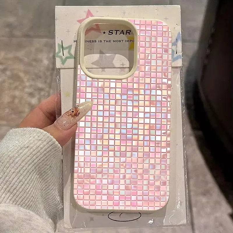 Shimmer Pink Iridescent Mosaic Grid Phone Case For iPhone 17 16 15 14 13 12 11 Pro Max Glitter Contrast Frame Cover For Ladies