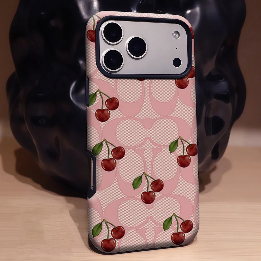 Fashionable Pink Mesh Cherry Phone Case for iPhone 17 16e 16 15 14 13 12 11 7 8 Air Pro Max Plus Luxury Double-layer Back Cover