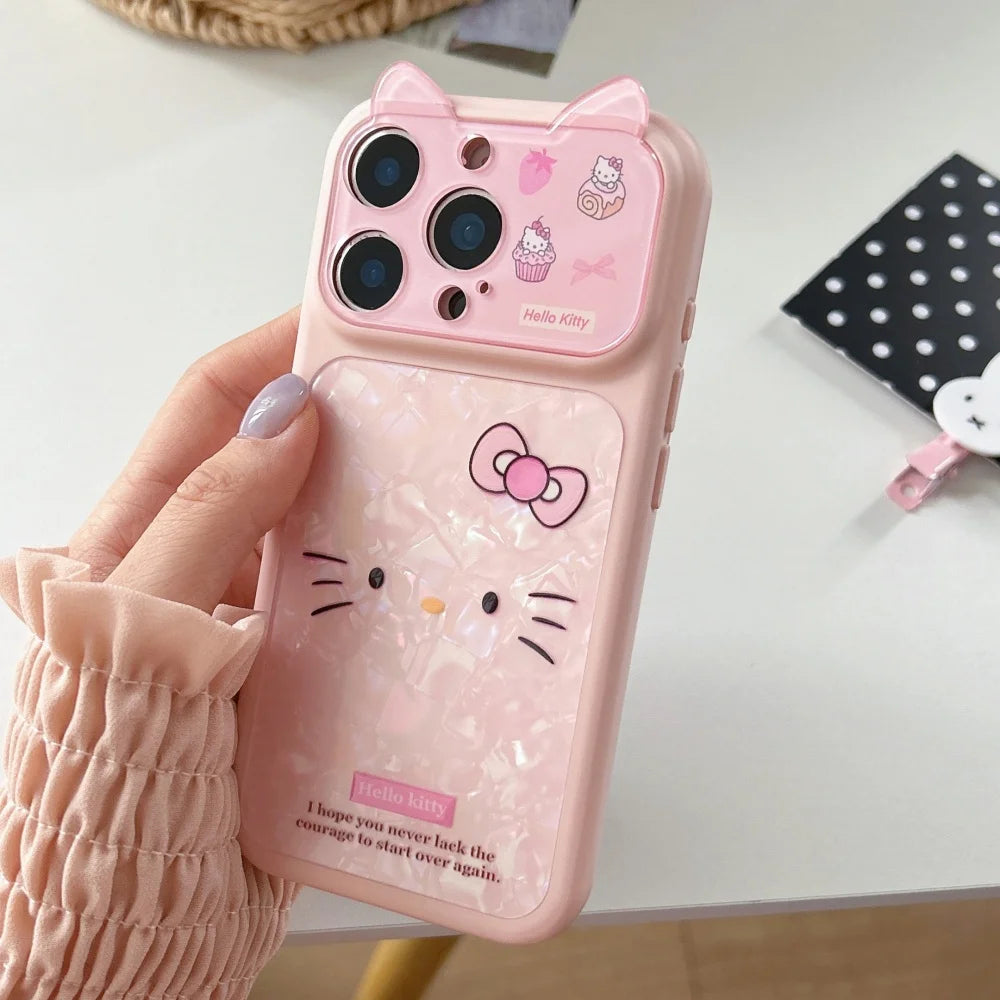 Sanrio HelloKitty Lines Expression Phone Case For iPhone 17 16 15 Pro Max Cartoon 3D Strawberry KT Cat Ear Lens Protection Cover