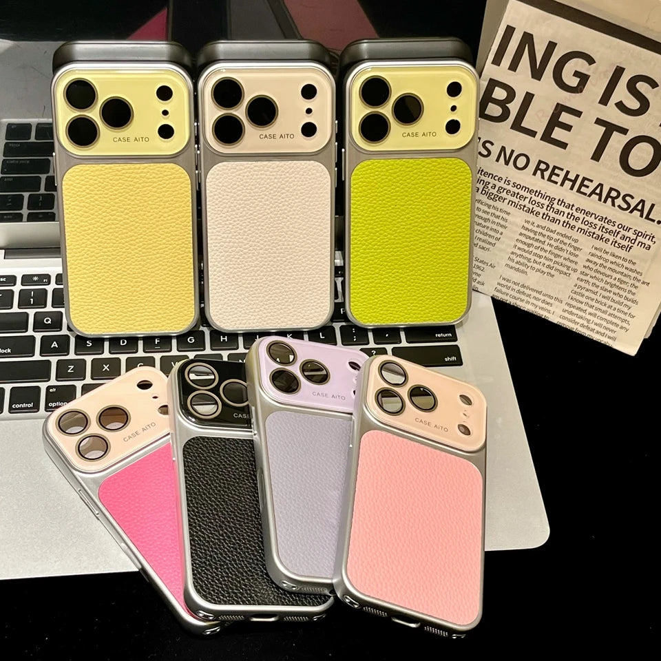 Luxury Candy Color Lychee Leather Case for iPhone 17 16 15 14 13 Pro Max Matte Shockproof Hybrid Glass Camera Protection Cover