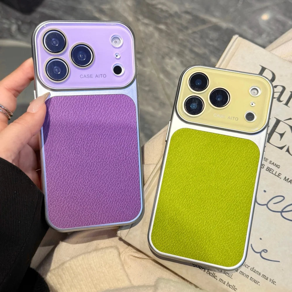 Luxury New Solid Color Leather Texture Phone Case For iPhone 17 16 15 14 Pro Max 13 Bumper Crystal Large Window Shockproof Cover
