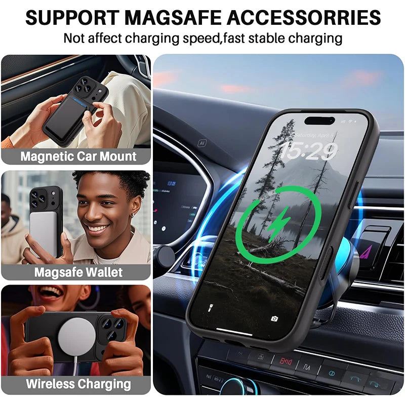 Luxury Armor Shockproof Phone Case For iPhone 17 Air 16 15 14 13 12 11 Pro Max Plus For Magsafe Matte Transparent Magnetic Cover