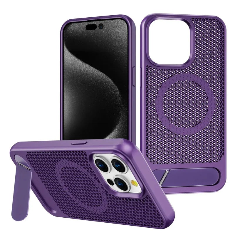 Luxury Cooling Stand Magnetic Phone Case For iPhone 15 14 13 11 12 16 Pro Max Heat Dissipation Plain Color Shockproof Back Cover