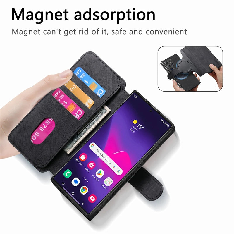 2 in 1 Magnetic Flip Leather Case for Samsung Galaxy S25 Edge S24 Ultra S23 S22 Plus S21 Fe S25Edge Magsafe Card Wallet Cover