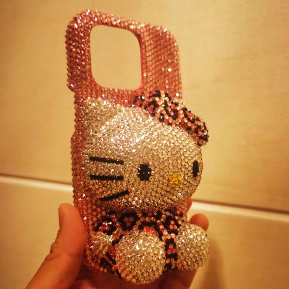 Hello Kitty Rhinestone Bling Crystal Phone Case Chain For iPhone17 16 15 14 13 12 11Pro Max X Xs XR 7 8 Plus Transparent Bumper