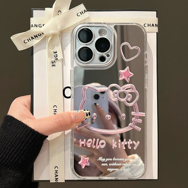 Cute Cartoon Sanrio Y2K Hello Kitty Silver Plating Phone Case For iPhone 16 15 14 13 12 11 Pro Max Cases Mirror Surface  Cover