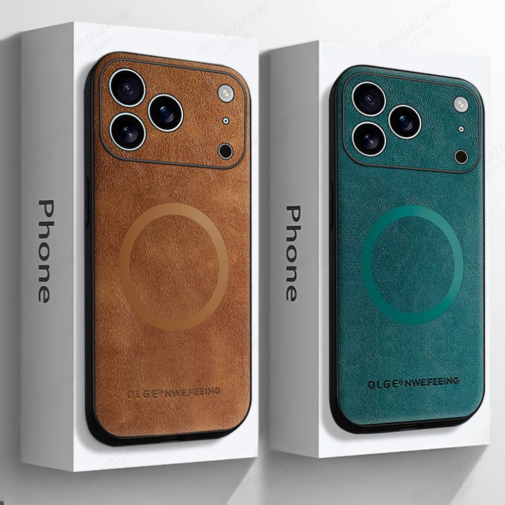 Classic Leather Phone Case For iPhone 16 11 12 13 15 17 Pro Max 16E 14 Plus 17 Air For Magsafe Magnetic Charging Protector Cover
