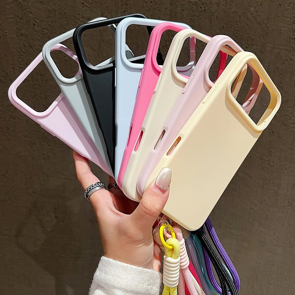 Candy Color Matte Wrist Strap Phone Case For iPhone 17 16 Pro Max 15 14 13 12 11 Air Plus Colorful Lanyard Shockproof Soft Cover