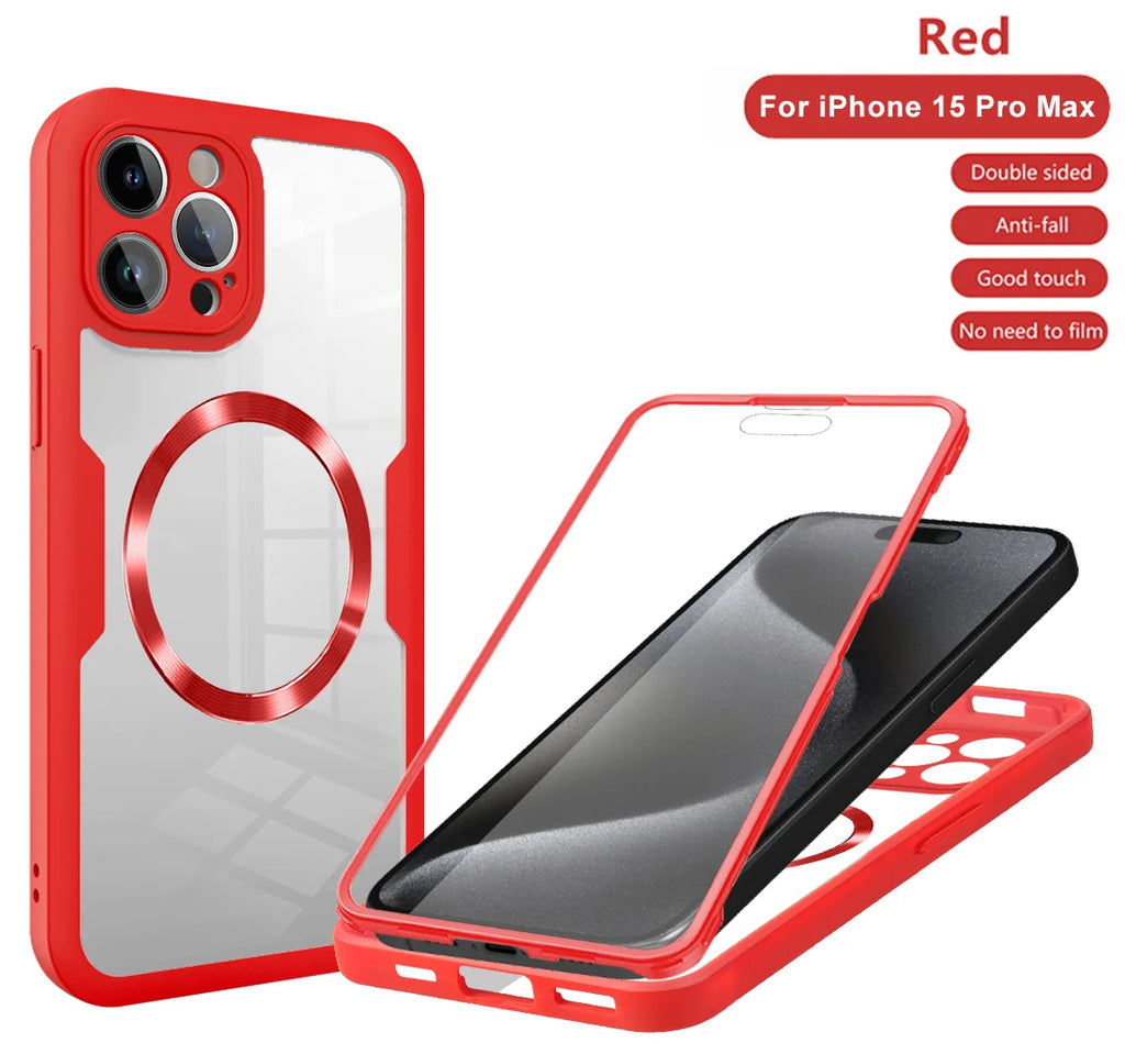 360 Double Sided Full Protection Magnetic Phone Case For iPhone 15 14 12 13 11 Pro Max 16 Plus with Screen Protector Clear Cover