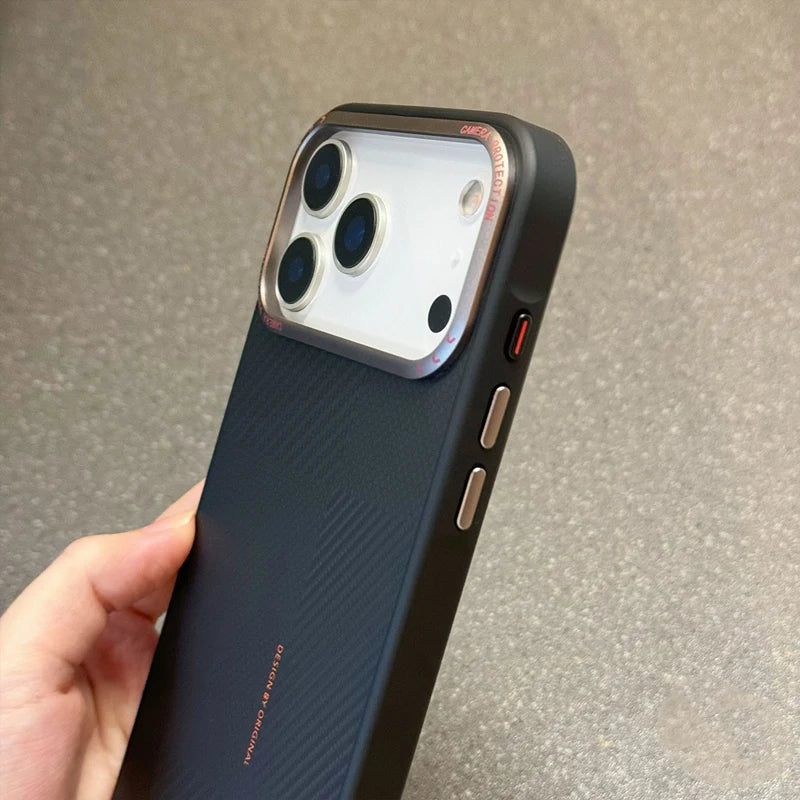 Carbon Fiber Texture for MagSafe Phone Case for iPhone 17 17Pro Max 16 15 14 Magnetic Alloy Lens Wireless Charging Frosted Cover