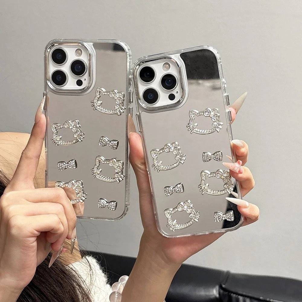 Luxury Kitty Bowknot Make Up Mirror Metal Camera Phone Case for iPhone 17 16 Pro Max 15 Pro 14 Plus 16 13 12 11 Pro XS XR SE 2 3