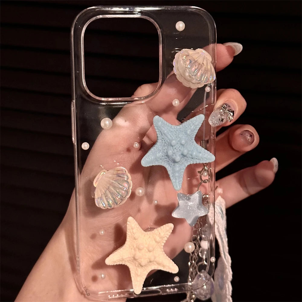 Cute Summer Seastar Shell Pattern Pendant Clear Phone Case For iPhone 16 15 14 13 12 11 Pro Max Plus 3D Cover Korea Girl Shell