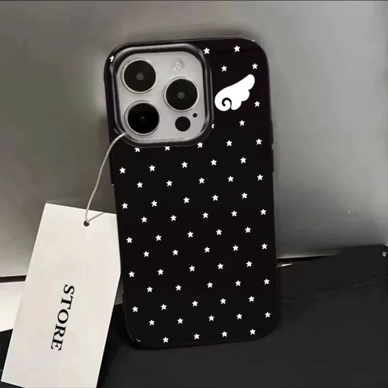 Cute Star Angel Wings Black Phone Case For Samsung S25 S24 Ultra S23 Ultra S22 S21 S20 Plus Note 20 S24FE S23FE Silicone Cover