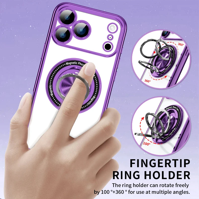 For Magsafe Magnetic 360°Rotat Metal Holder Ring Plating Border Phone Case For iPhone 17 Pro Max Air 15 11 12 13 14 16 Pro Max E