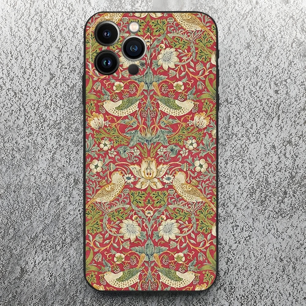 William Morris Strawberry Thief Design Phone Case for Iphone 17 16 15 14 13 12 11 Pro Max Xr X Xs Mini Plus Black Soft Silicone