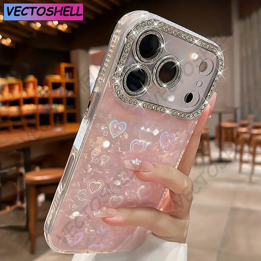 Elegant Glitter Crystal Love Laser shell pattern Phone Case For iphone 17 Air 16 15 14 Plus 13 12 Pro Max Soft Lens film Cover