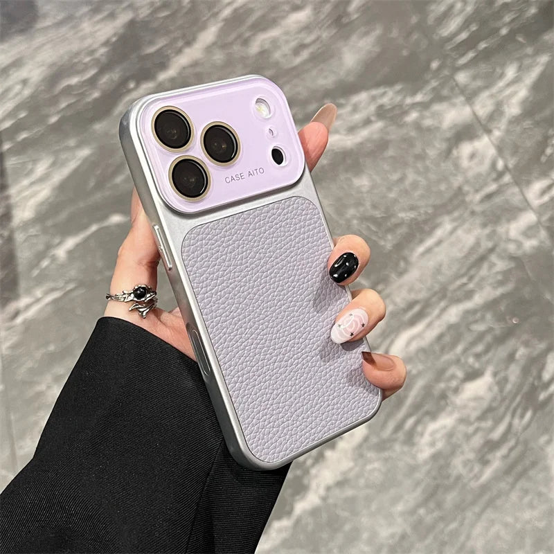 Luxury Lichee Pattern Leather Phone Case For iPhone 17 16 15 14 13 12 Pro Max Hard PC Camera Window Back Cover