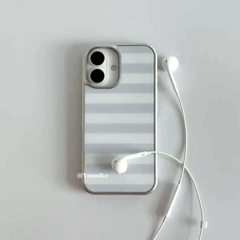 Korean Ins Gray and White Stripes Electroplated Drip Glue Phone Case For iPhone 17 Air 16 Pro Max 15 14 Plus 13 12 11 Back Cover