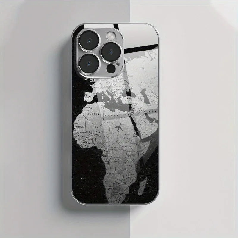 Minimalist Creative World Map Design Glass Electroplated Phone Case For iPhone 11 12 13 14 15 16 17 Pro Max Plus 16E 17Air Cover
