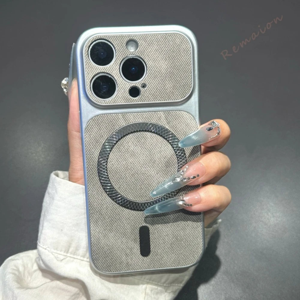 Big Windows Magnetic Phone Case For iPhone 13 14 15 16 17 Pro Max Magsafe Luxury Canvas Cloth Shockproof Protector Cover