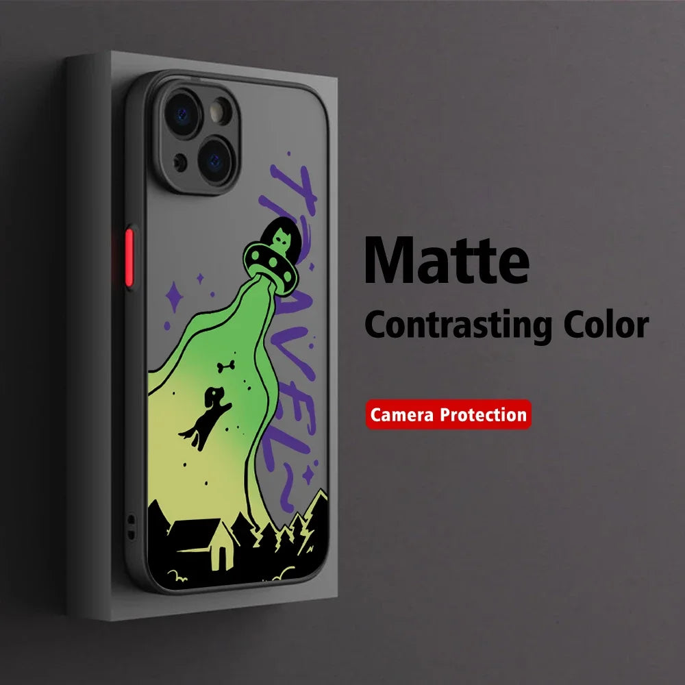 Funny Cartoon Alien Space Phone Case For iPhone 17 16 15 11 12 14 13 Pro Max Mini X XS XR 7 Plus 16E Air Shockproof Matte Cover